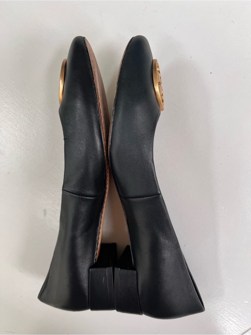 Tory Burch Black Leather Ballet Flats with Gold Logo Medallion - Picture 6 of 8